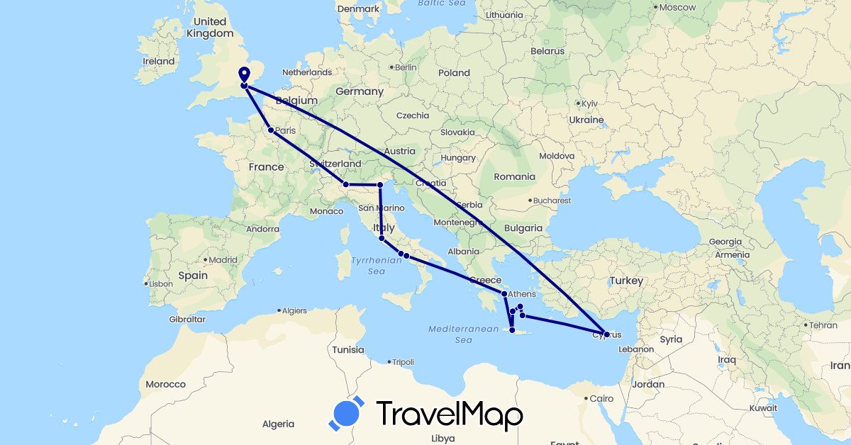 TravelMap itinerary: driving in Cyprus, France, United Kingdom, Greece, Italy (Asia, Europe)